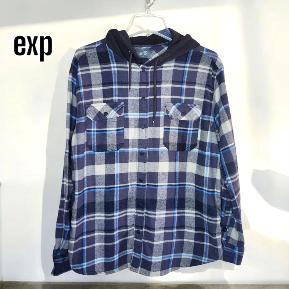 EXP Plaid Flannel Hooded Shacket- Large